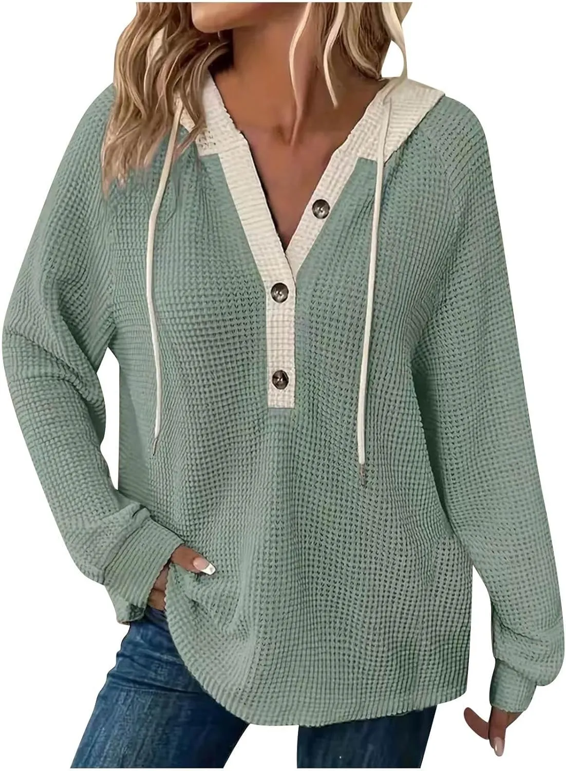 Oversized Hoodies for Women Soft V Neck Waffle Knit Hooded Sweatshirt Lightweight Fall Long Sleeve Pullover Sweaters