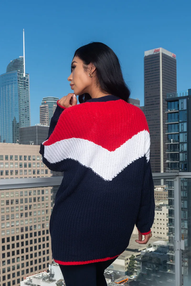 Oversized Rib Knit Tri-Color Open Cardigan With 2 Big Pockets* (187006)