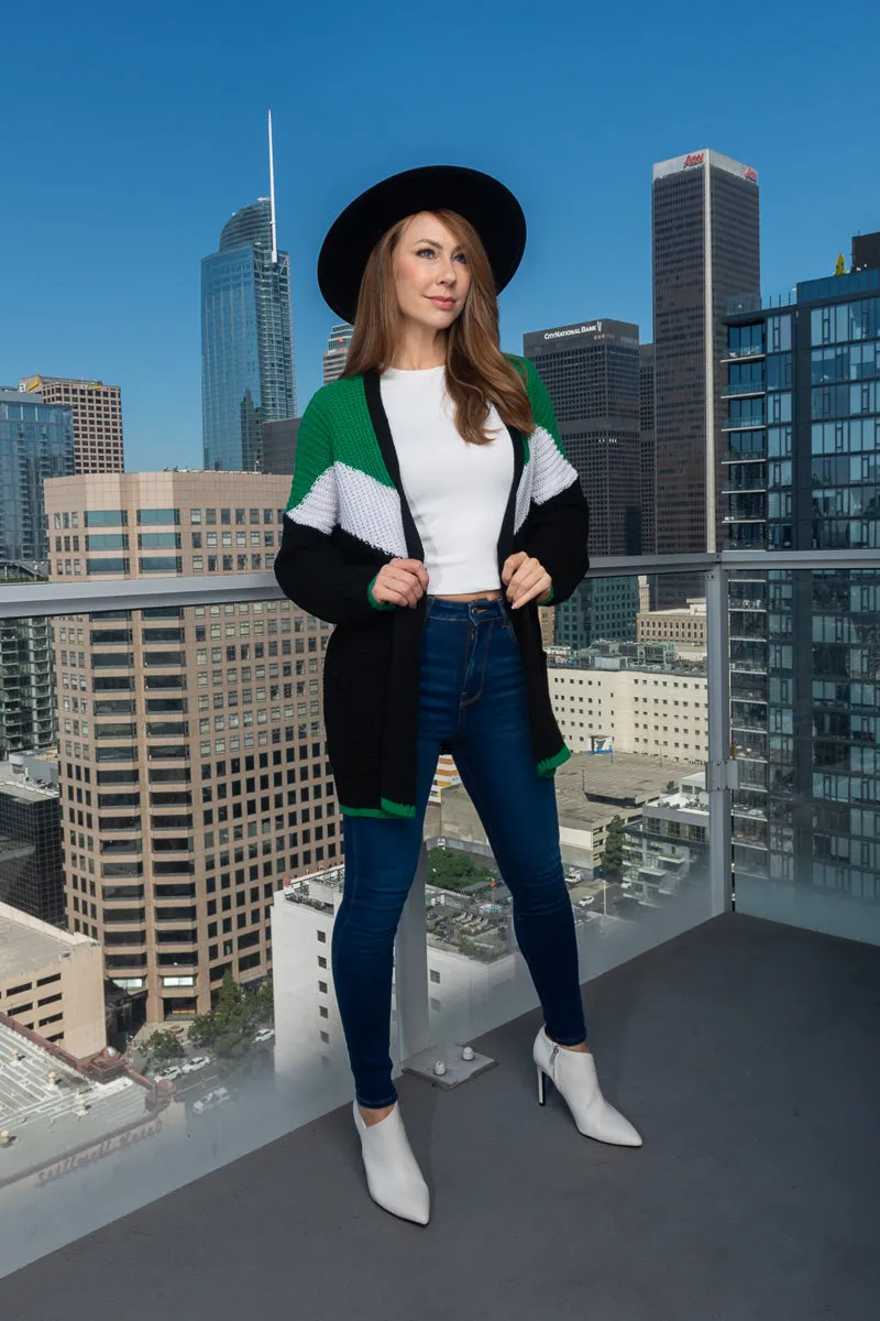 Oversized Rib Knit Tri-Color Open Cardigan With 2 Big Pockets* (187006)