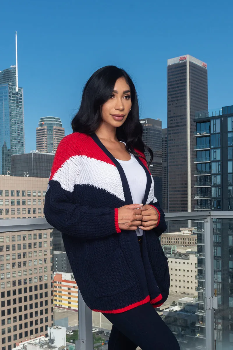 Oversized Rib Knit Tri-Color Open Cardigan With 2 Big Pockets* (187006)