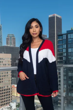 Oversized Rib Knit Tri-Color Open Cardigan With 2 Big Pockets* (187006)