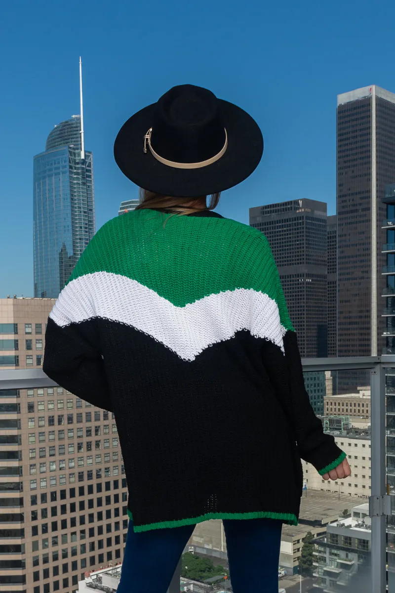 Oversized Rib Knit Tri-Color Open Cardigan With 2 Big Pockets* (187006)