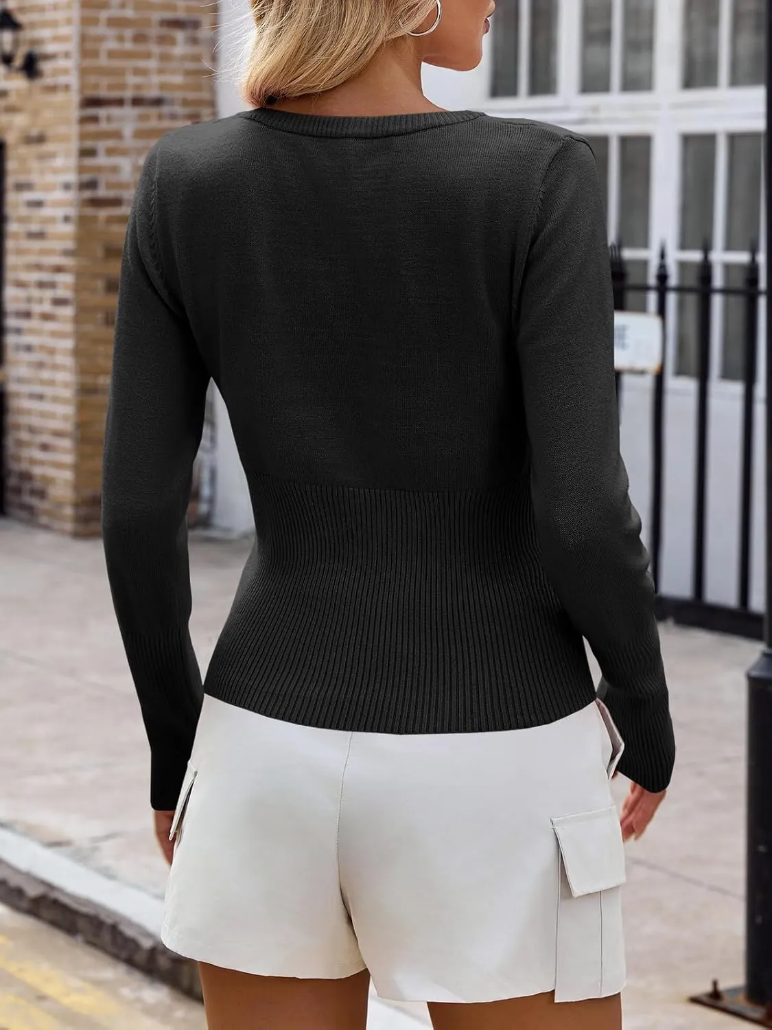 Saodimallsu Womens Slim Fit Cardigan Sweaters Sexy Button Crew Neck Fall Trendy Knit Long Sleeve Soft Open Front Tops