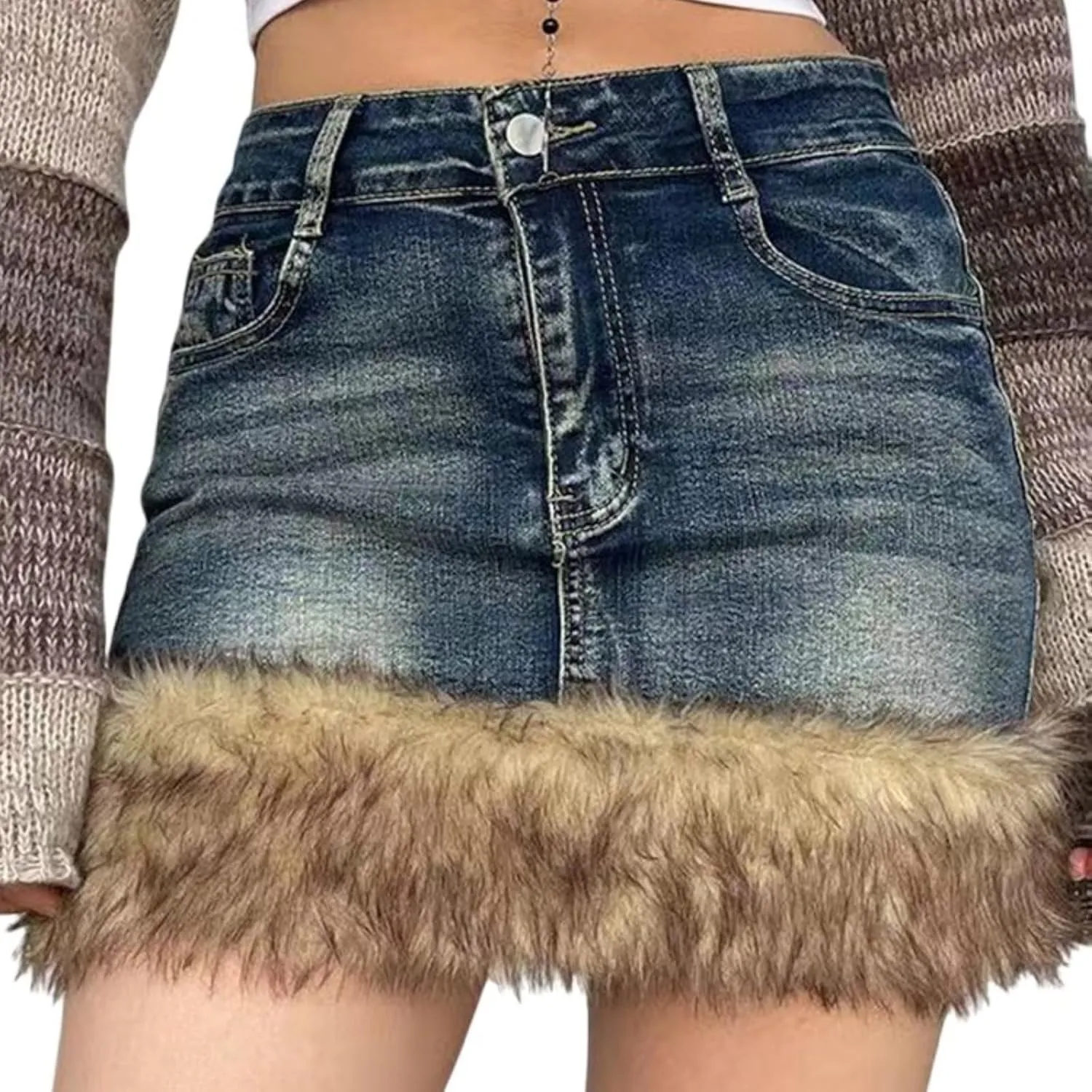 Sexy Jean Skirts for Women High Waisted Trendy Y2K Jean Mini Skirt with Faux Fur Trim