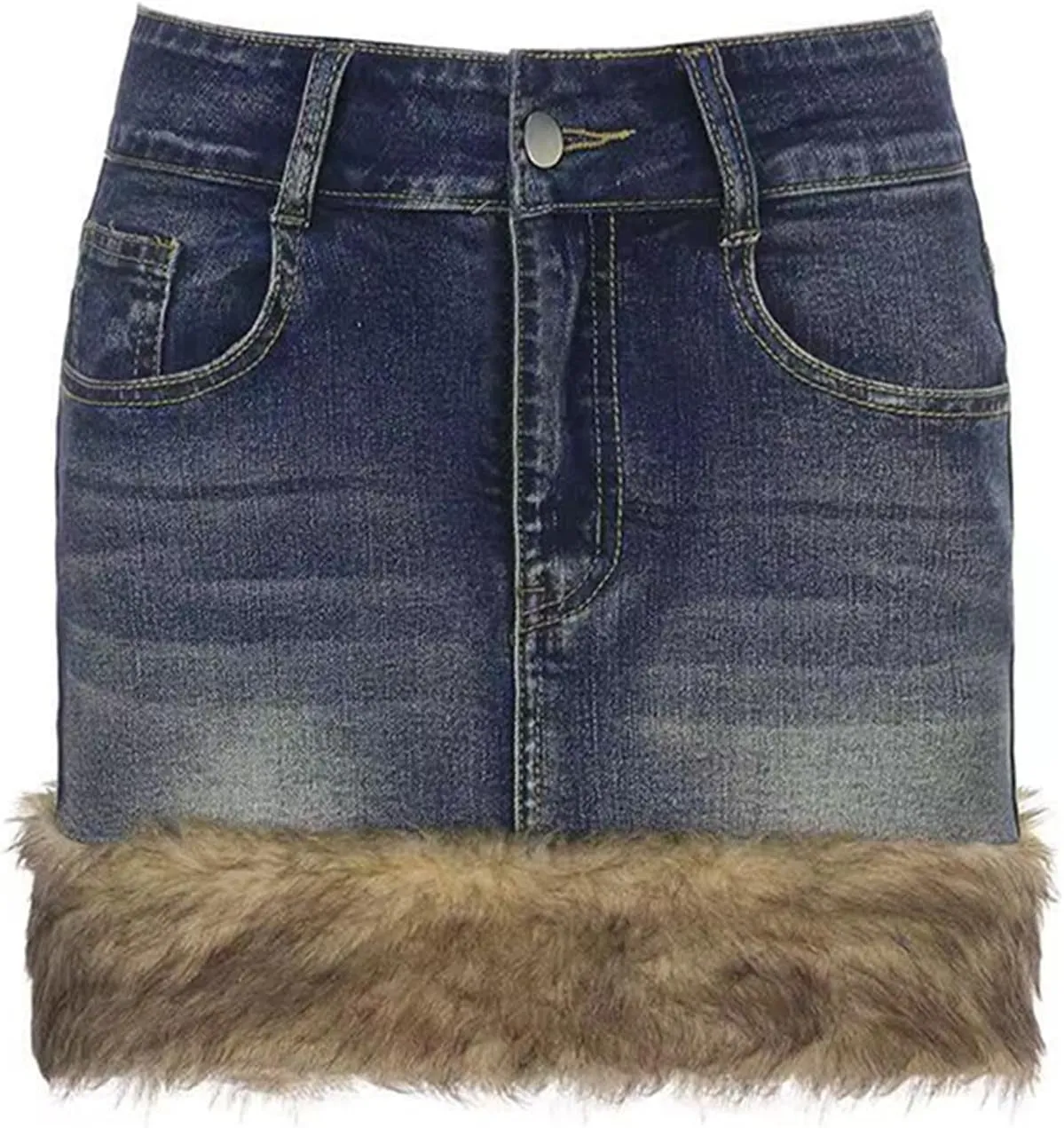 Sexy Jean Skirts for Women High Waisted Trendy Y2K Jean Mini Skirt with Faux Fur Trim