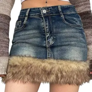 Sexy Jean Skirts for Women High Waisted Trendy Y2K Jean Mini Skirt with Faux Fur Trim