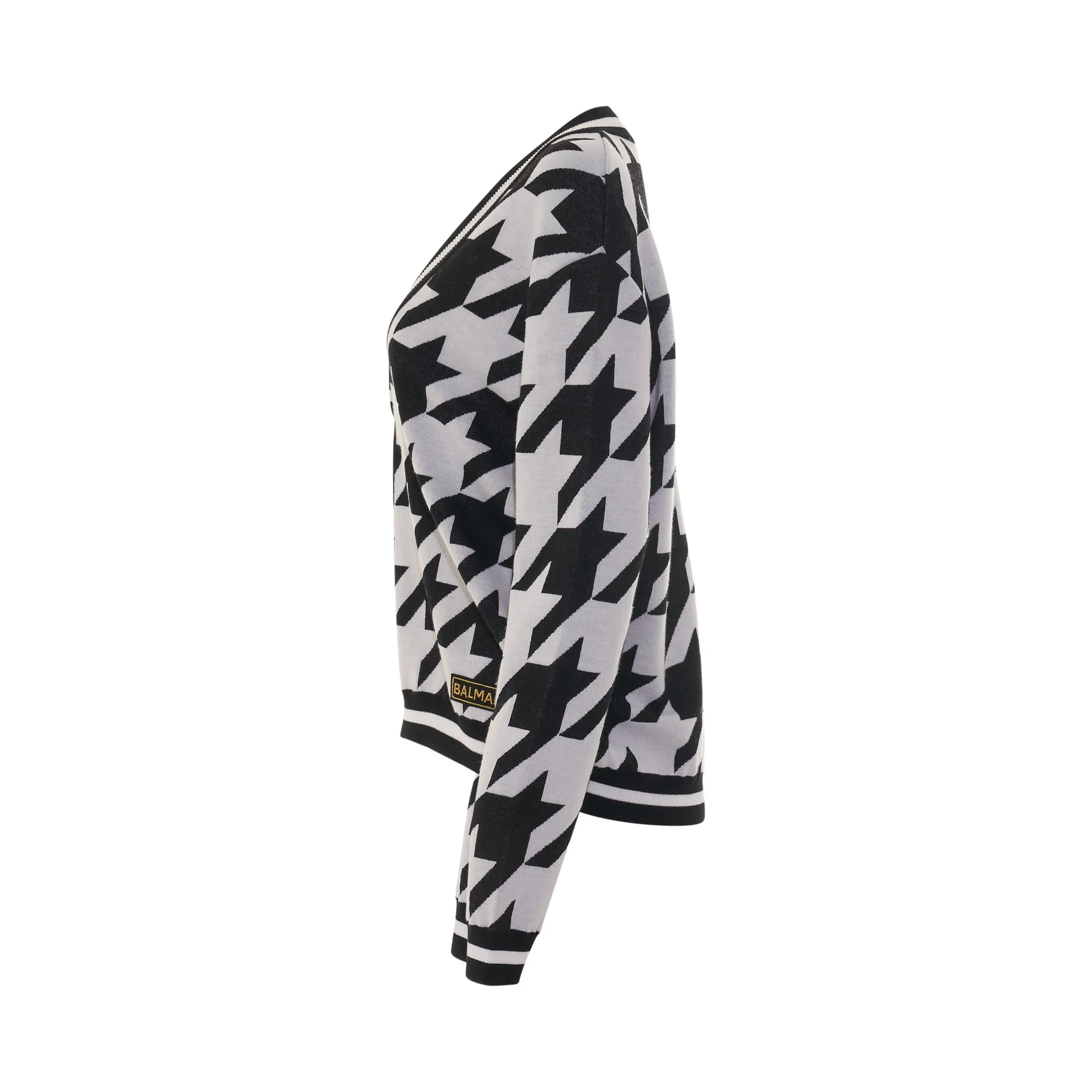 V Neck Houndstooth Knit Pullover in White/Black