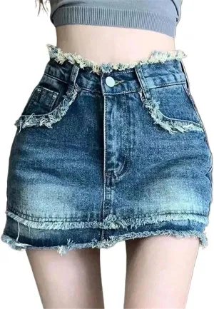 Vintage Women Denim Skirt Raw Edge High-Waisted Summer Short Skirt Covering Buttocks Female Short Jeans