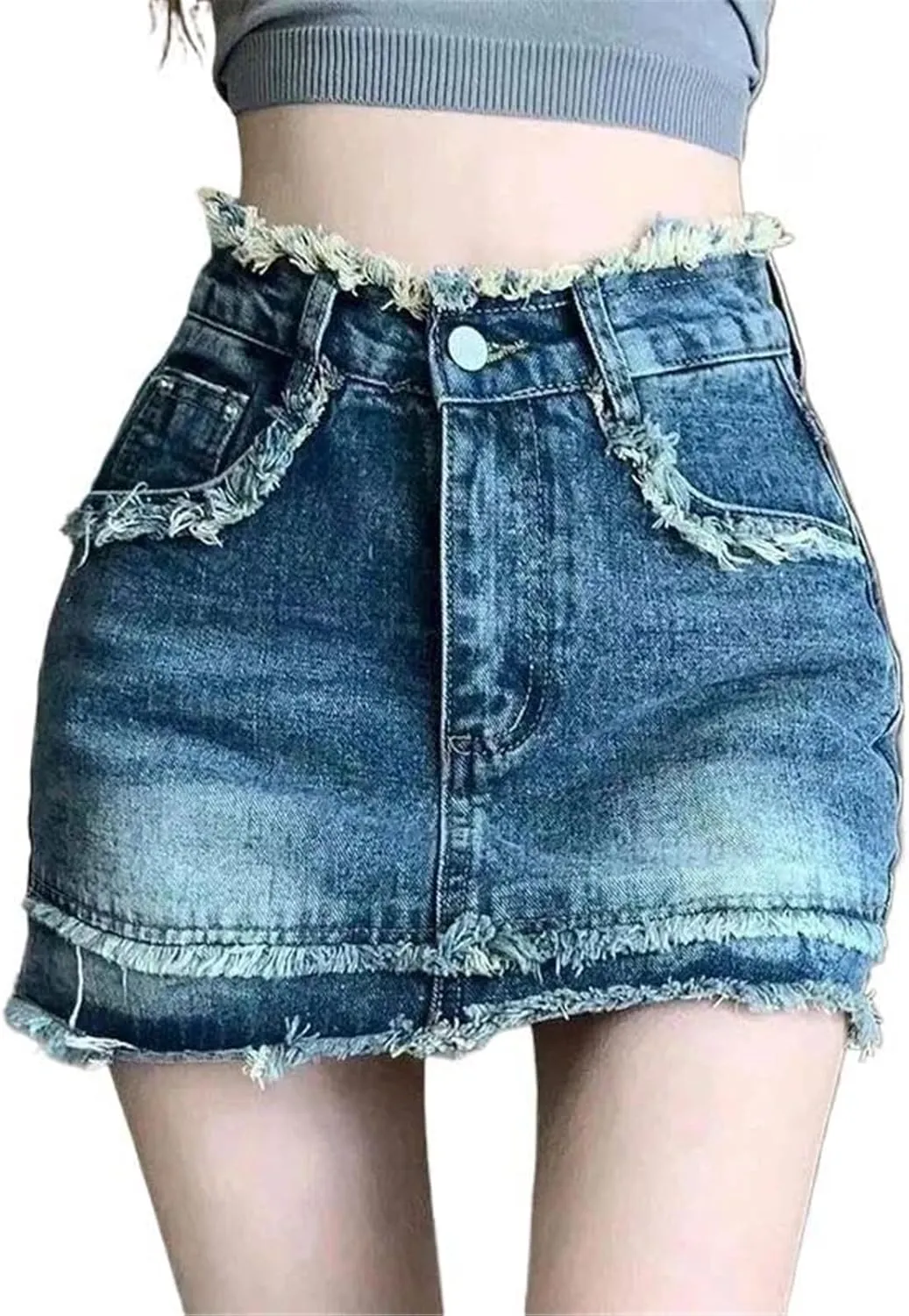 Vintage Women Denim Skirt Raw Edge High-Waisted Summer Short Skirt Covering Buttocks Female Short Jeans
