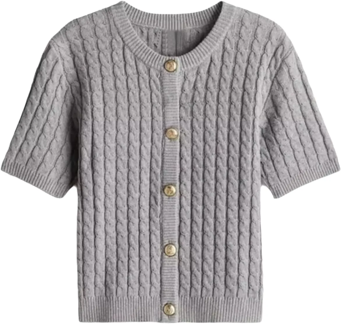 Women Cable Knit Short Sleeved Sweater Cardigan Casual Button Up Soft Solid Sweater Shirt