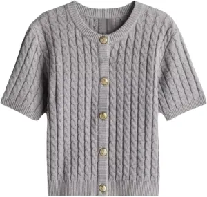 Women Cable Knit Short Sleeved Sweater Cardigan Casual Button Up Soft Solid Sweater Shirt