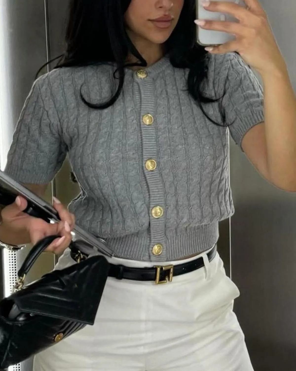 Women Cable Knit Short Sleeved Sweater Cardigan Casual Button Up Soft Solid Sweater Shirt