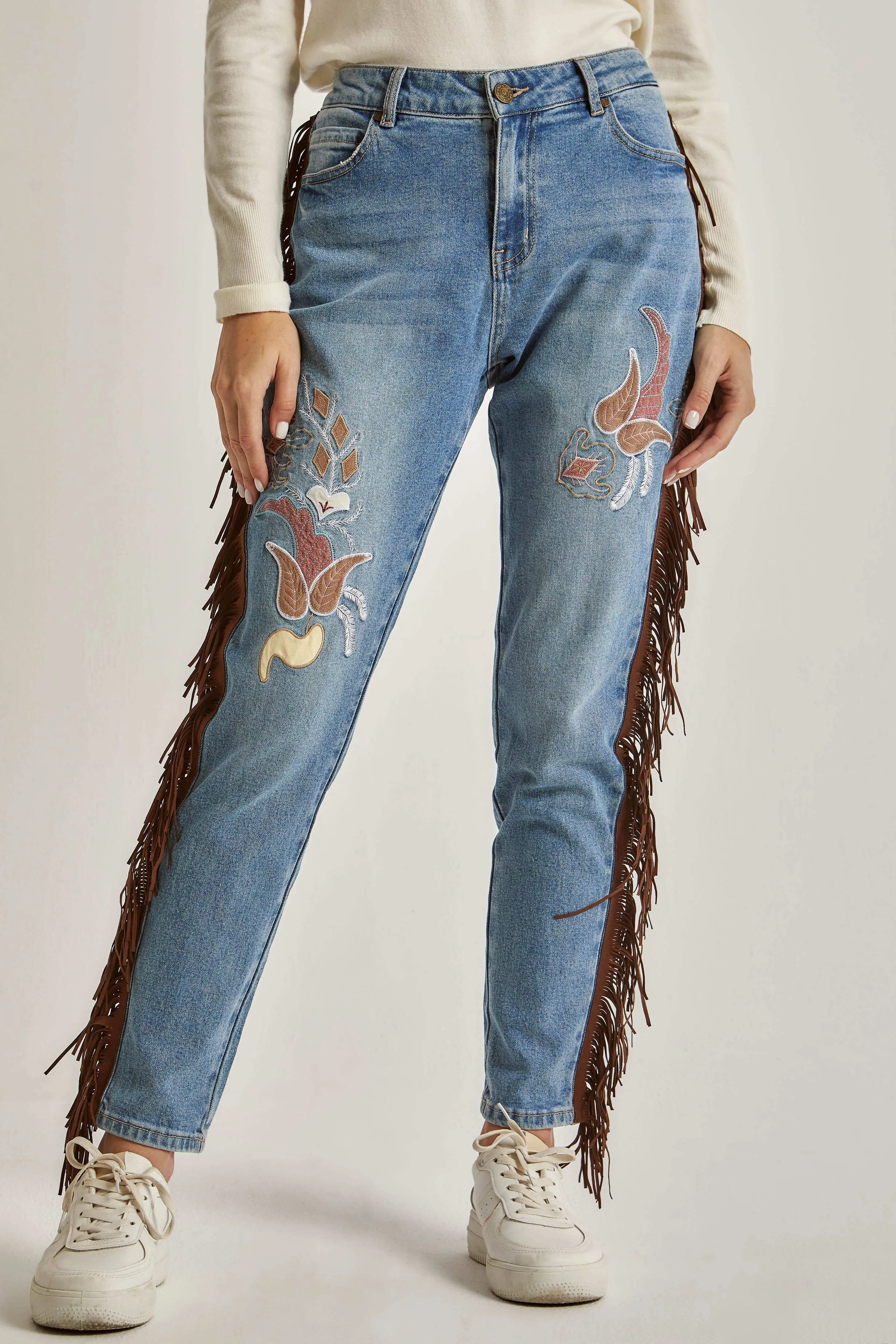 Women Embroidered with Fringes Denim - Indigo Blue