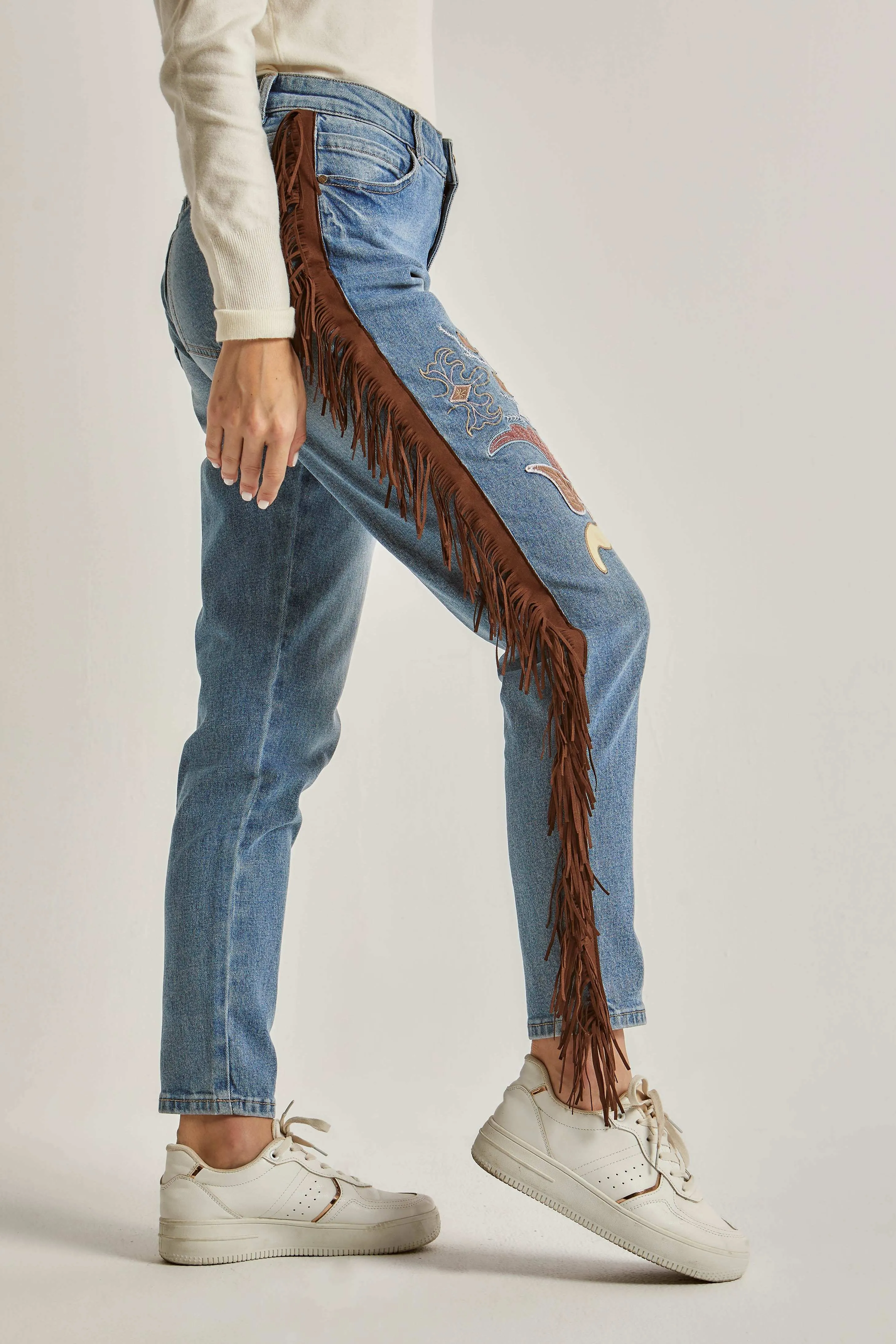 Women Embroidered with Fringes Denim - Indigo Blue