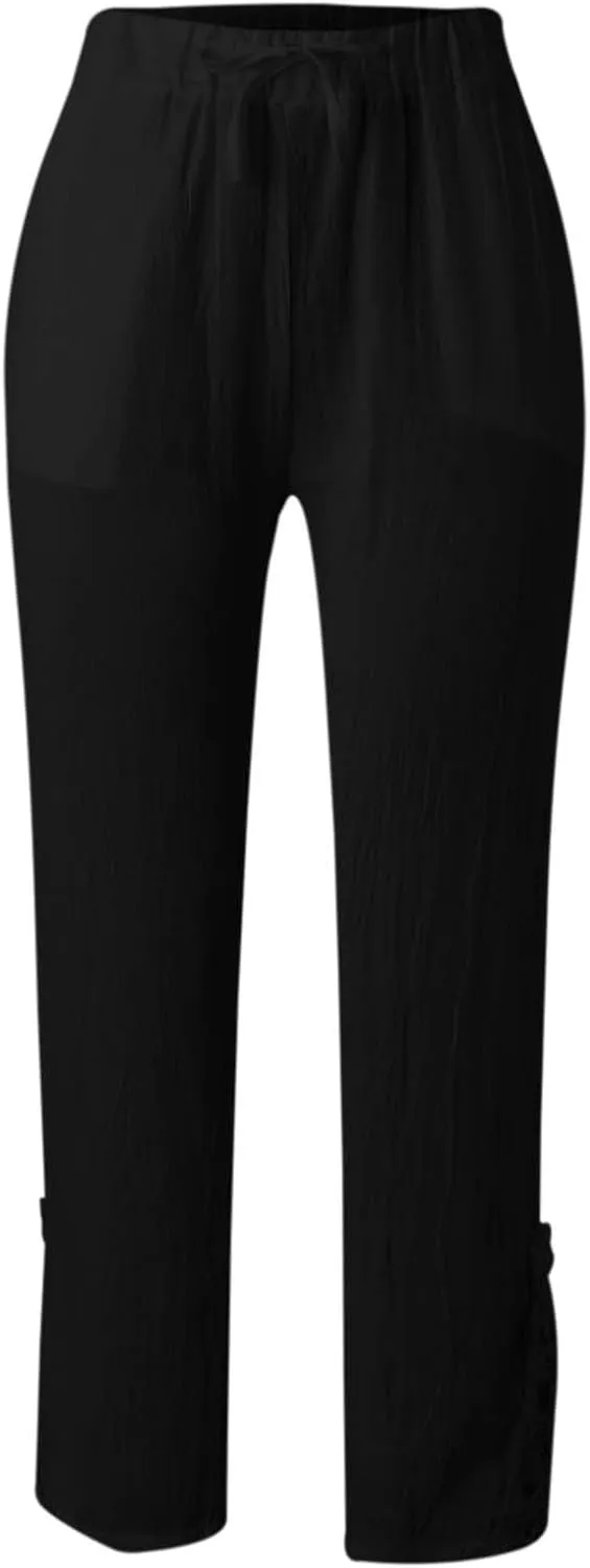Womens Cotton Linen Summer Flowy Palazzo Pants Elastic Waist Bootcut Plus Size Palazzo Pants Trendy