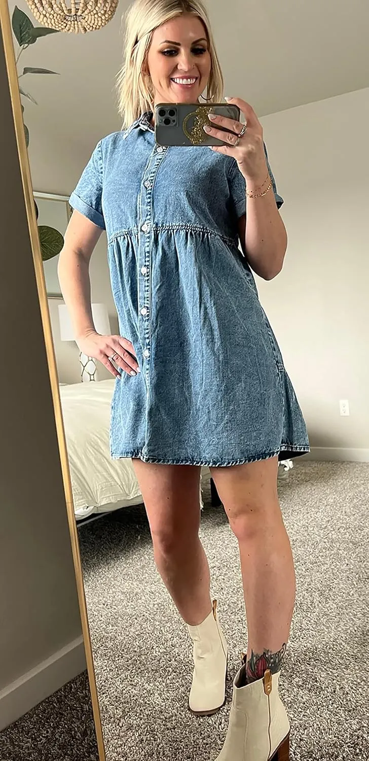 Women's Denim Dress for Women Blue Jean Dress 2025 Trendy Summer Short Sleeve Denim Dresses with Pockets