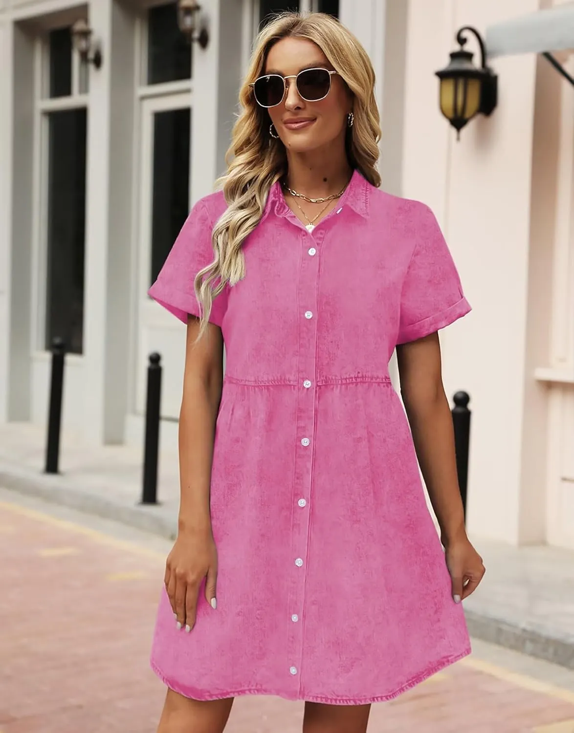 Women's Denim Dress for Women Blue Jean Dress 2025 Trendy Summer Short Sleeve Denim Dresses with Pockets