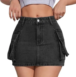 Womens Denim Mini Skirts High Waisted Cargo Skirt Cute Denim Side Slit Skirt with Pockets