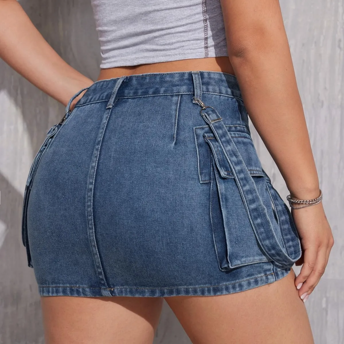 Womens Denim Mini Skirts High Waisted Cargo Skirt Cute Denim Side Slit Skirt with Pockets