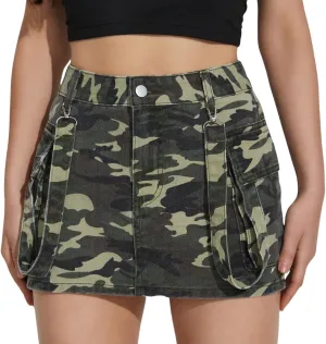 Womens Denim Mini Skirts High Waisted Cargo Skirt Cute Denim Side Slit Skirt with Pockets