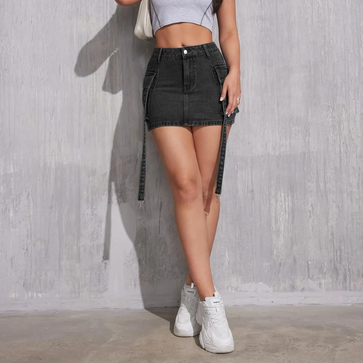 Womens Denim Mini Skirts High Waisted Cargo Skirt Cute Denim Side Slit Skirt with Pockets