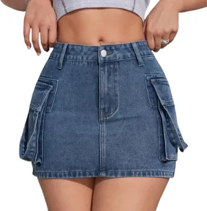 Womens Denim Mini Skirts High Waisted Cargo Skirt Cute Denim Side Slit Skirt with Pockets