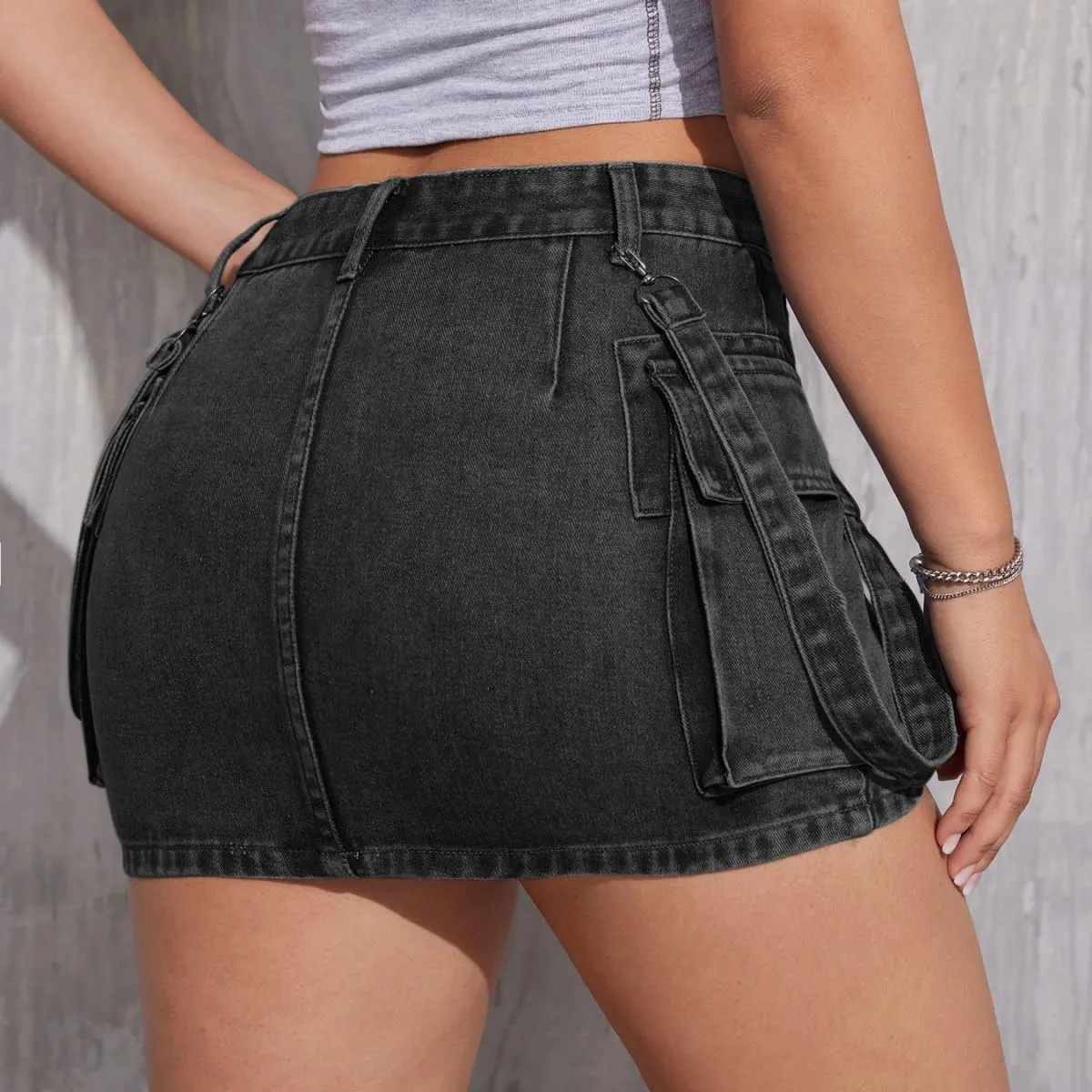 Womens Denim Mini Skirts High Waisted Cargo Skirt Cute Denim Side Slit Skirt with Pockets