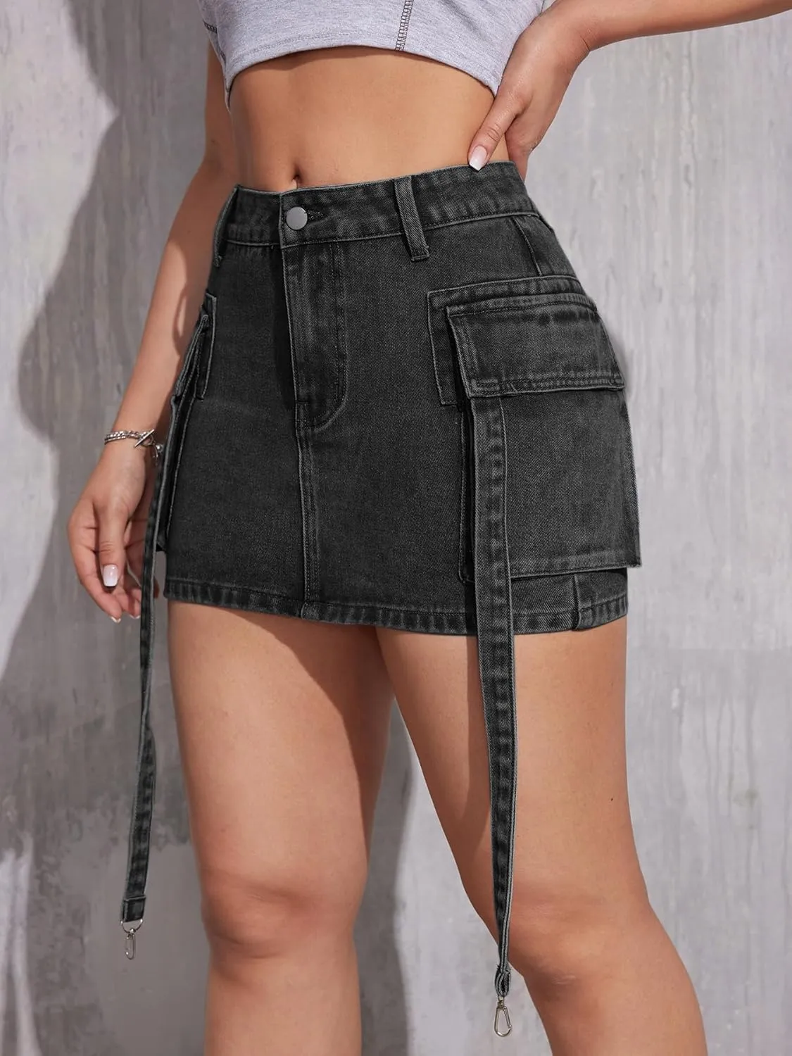 Womens Denim Mini Skirts High Waisted Cargo Skirt Cute Denim Side Slit Skirt with Pockets