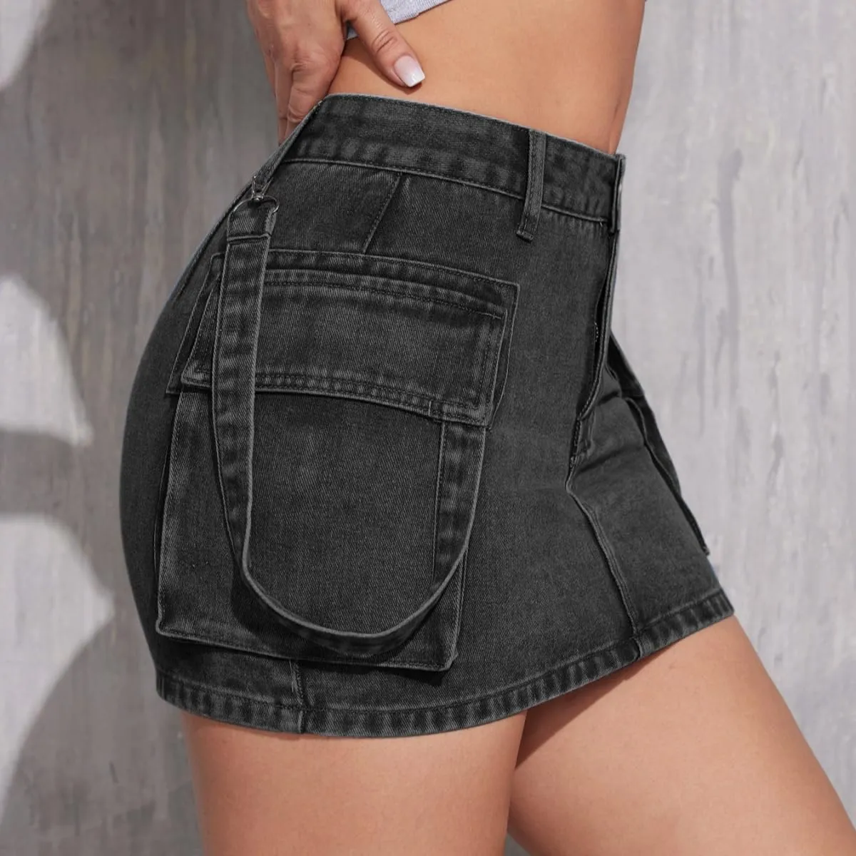 Womens Denim Mini Skirts High Waisted Cargo Skirt Cute Denim Side Slit Skirt with Pockets