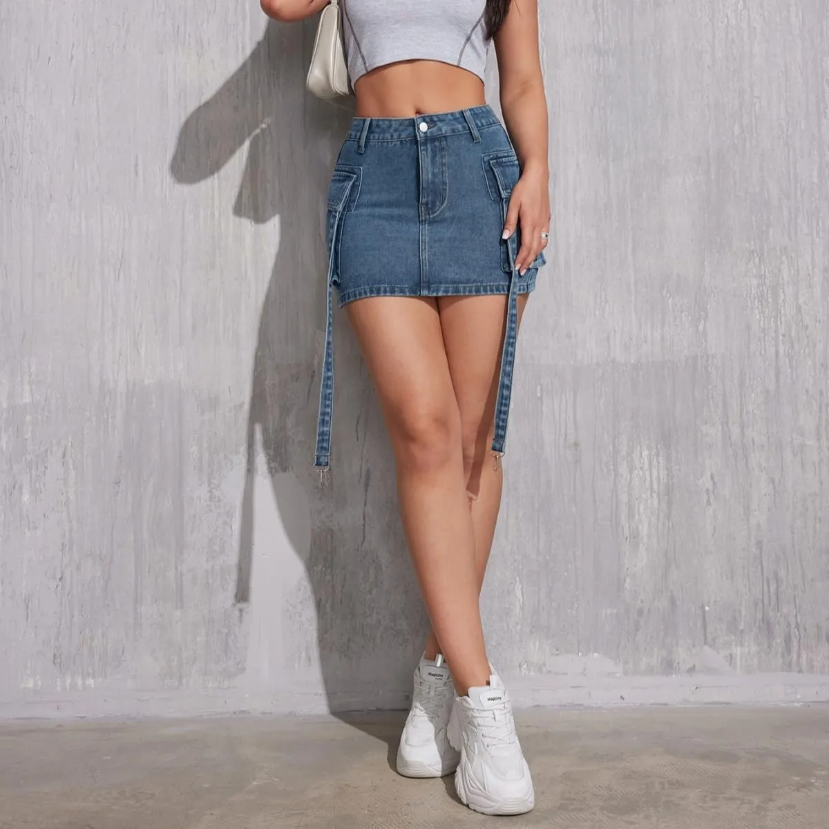 Womens Denim Mini Skirts High Waisted Cargo Skirt Cute Denim Side Slit Skirt with Pockets