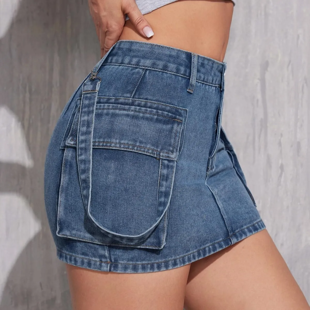 Womens Denim Mini Skirts High Waisted Cargo Skirt Cute Denim Side Slit Skirt with Pockets