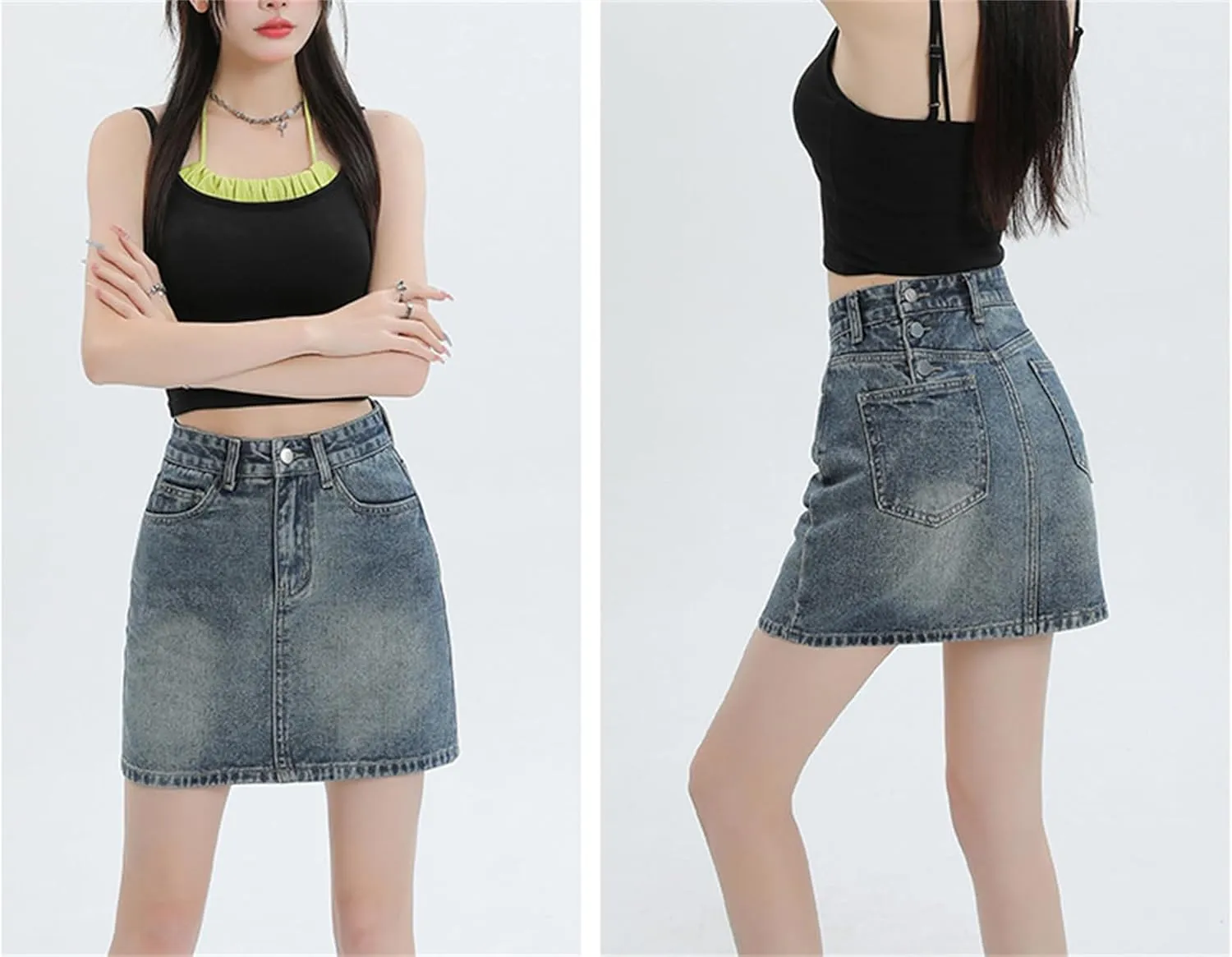 Women's Denim Mini Skort High Waisted Stretch Casual Jean Skirt Trendy Button Up Denim Mini Skirt with Pockets