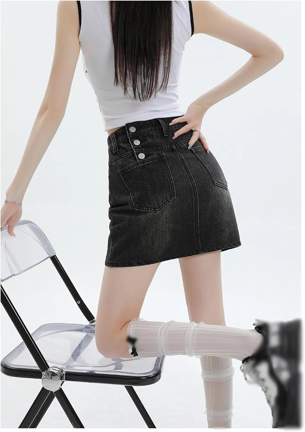 Women's Denim Mini Skort High Waisted Stretch Casual Jean Skirt Trendy Button Up Denim Mini Skirt with Pockets
