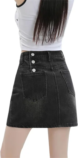 Women's Denim Mini Skort High Waisted Stretch Casual Jean Skirt Trendy Button Up Denim Mini Skirt with Pockets