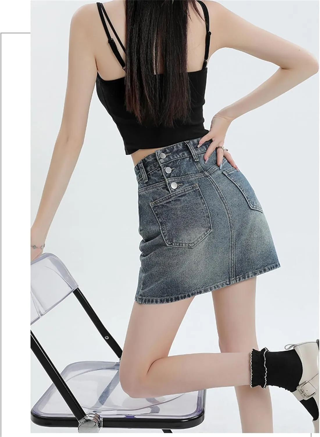 Women's Denim Mini Skort High Waisted Stretch Casual Jean Skirt Trendy Button Up Denim Mini Skirt with Pockets