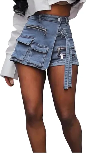 Women's Denim Skirts Dresses Stretchy Asymmetrical Jean Skirt Shorts High Waisted Trendy Denim Bodycon Skirt 2025 Fashion