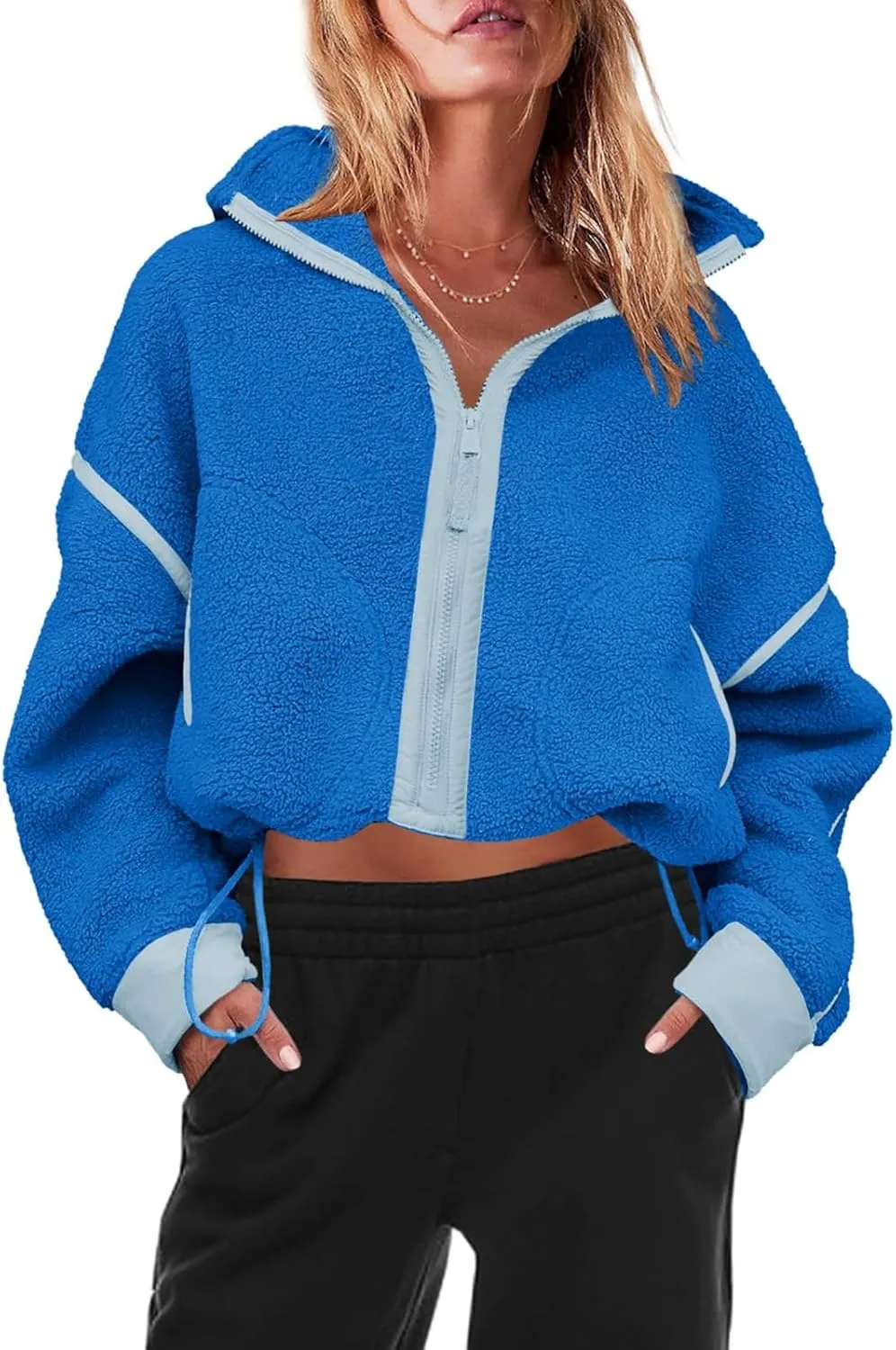 Womens Fleece Zip Down Jacket Soft Oversized Crop Sweatshirt with Pockets Long Sleeve Winter Coats