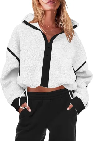 Womens Fleece Zip Down Jacket Soft Oversized Crop Sweatshirt with Pockets Long Sleeve Winter Coats