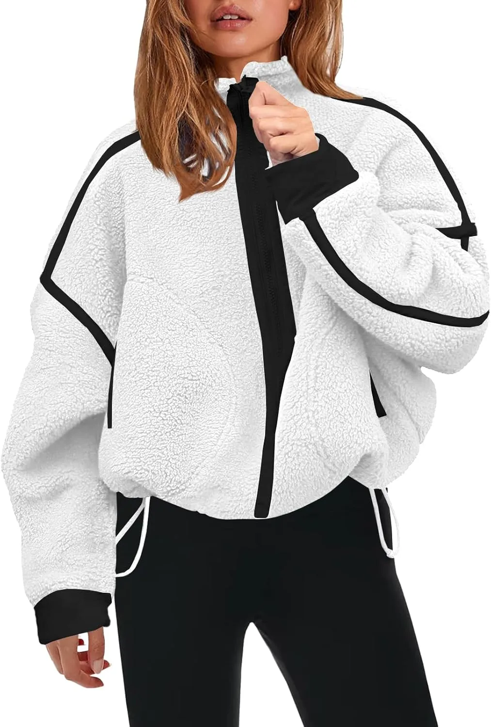 Womens Fleece Zip Down Jacket Soft Oversized Crop Sweatshirt with Pockets Long Sleeve Winter Coats