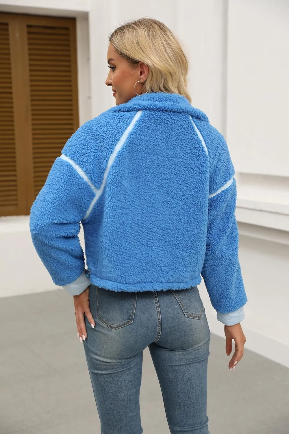 Womens Fleece Zip Down Jacket Soft Oversized Crop Sweatshirt with Pockets Long Sleeve Winter Coats