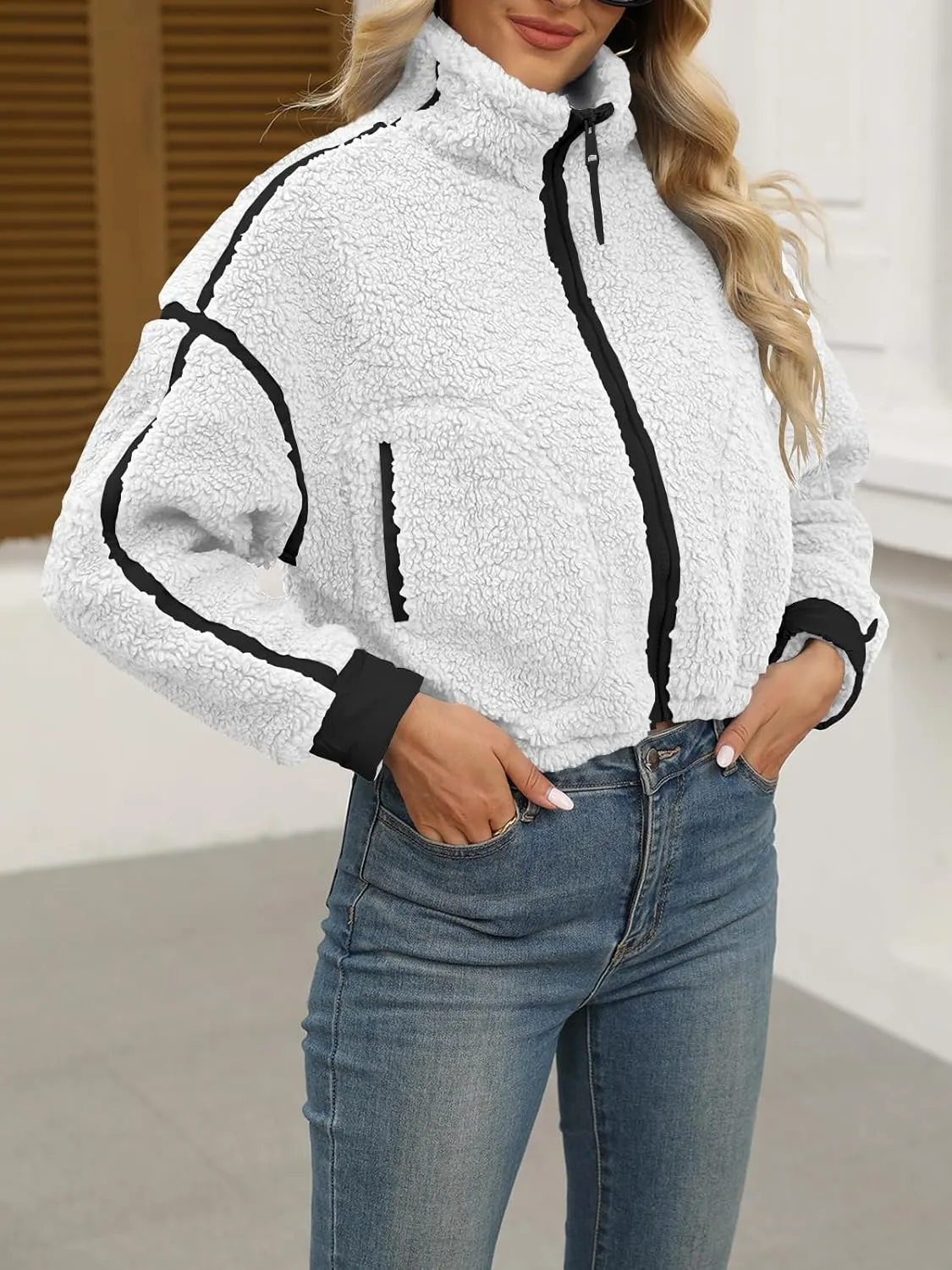 Womens Fleece Zip Down Jacket Soft Oversized Crop Sweatshirt with Pockets Long Sleeve Winter Coats