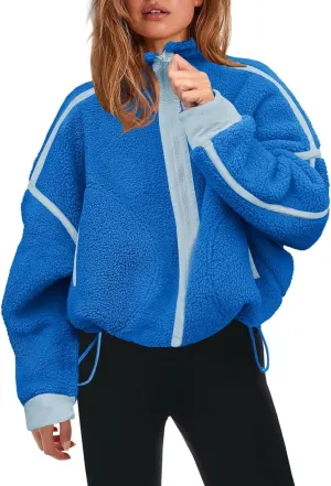 Womens Fleece Zip Down Jacket Soft Oversized Crop Sweatshirt with Pockets Long Sleeve Winter Coats