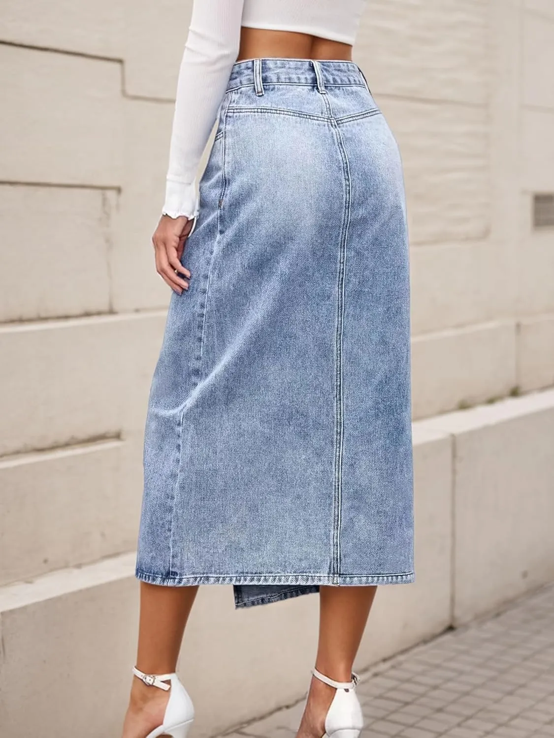 Womens High Waisted Long Denim Skirt Stretchy Bodycon Denim Skirts Trendy Patchwork Back Slit Jean Pencil Skirt