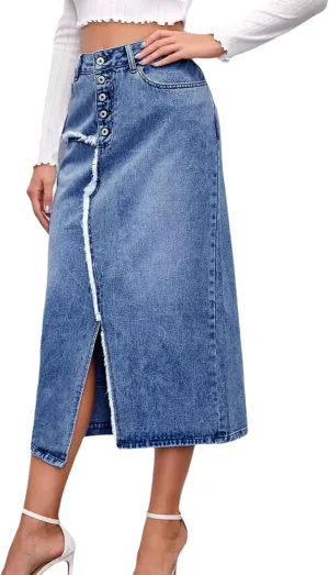Womens High Waisted Long Denim Skirt Stretchy Bodycon Denim Skirts Trendy Patchwork Back Slit Jean Pencil Skirt