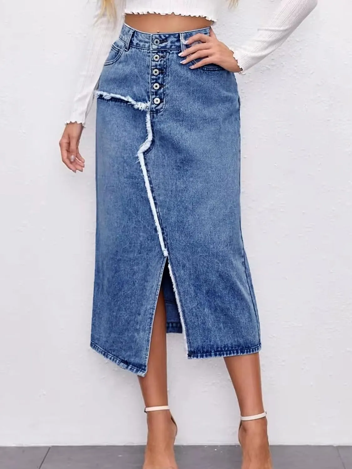 Womens High Waisted Long Denim Skirt Stretchy Bodycon Denim Skirts Trendy Patchwork Back Slit Jean Pencil Skirt