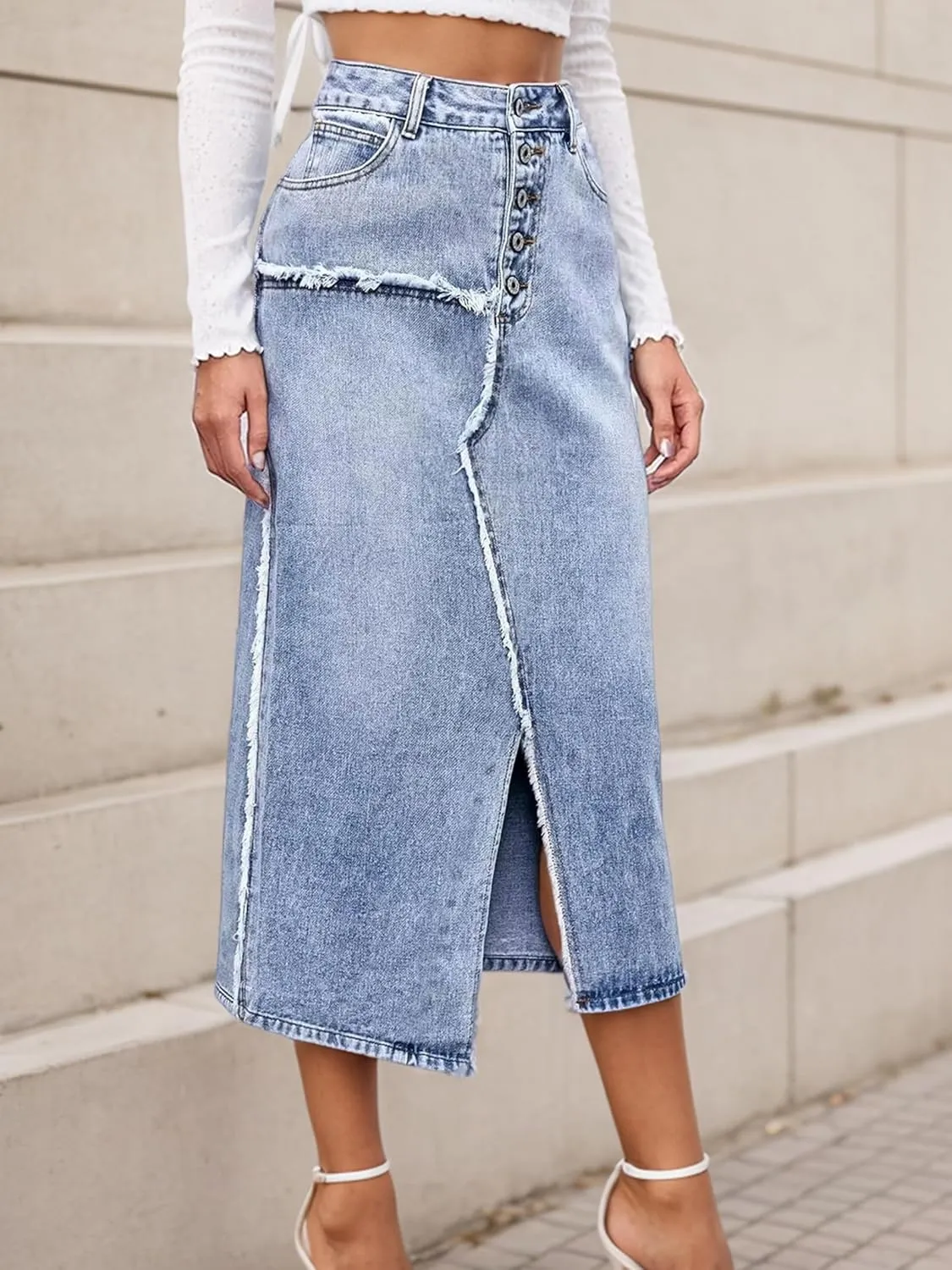 Womens High Waisted Long Denim Skirt Stretchy Bodycon Denim Skirts Trendy Patchwork Back Slit Jean Pencil Skirt