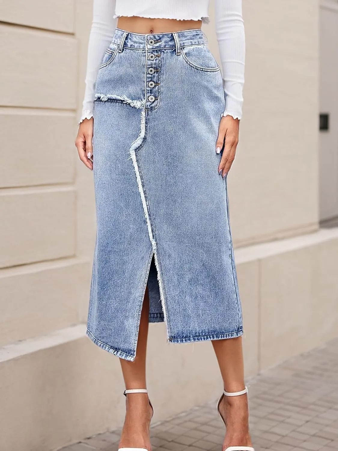 Womens High Waisted Long Denim Skirt Stretchy Bodycon Denim Skirts Trendy Patchwork Back Slit Jean Pencil Skirt