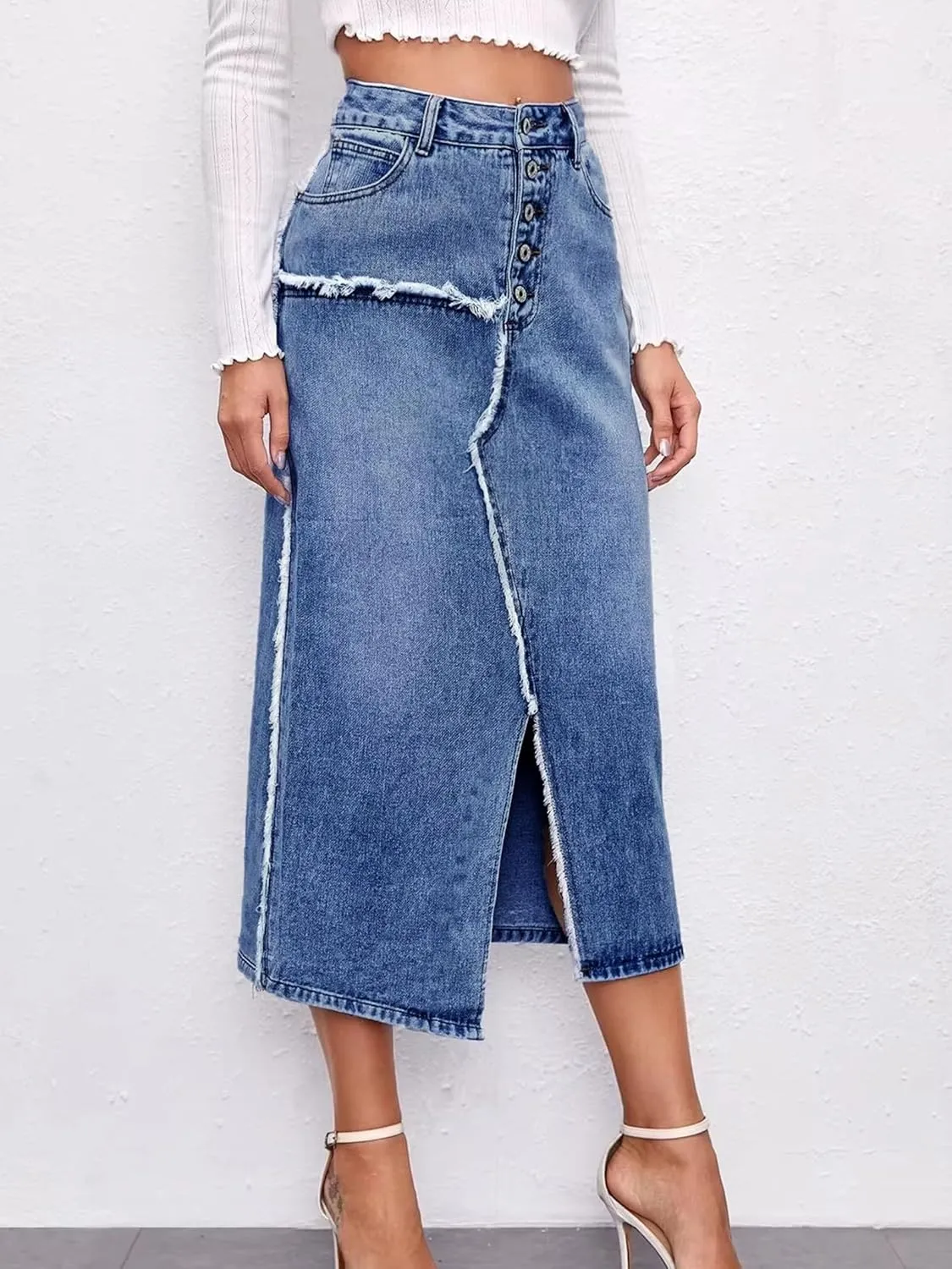 Womens High Waisted Long Denim Skirt Stretchy Bodycon Denim Skirts Trendy Patchwork Back Slit Jean Pencil Skirt
