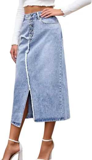 Womens High Waisted Long Denim Skirt Stretchy Bodycon Denim Skirts Trendy Patchwork Back Slit Jean Pencil Skirt