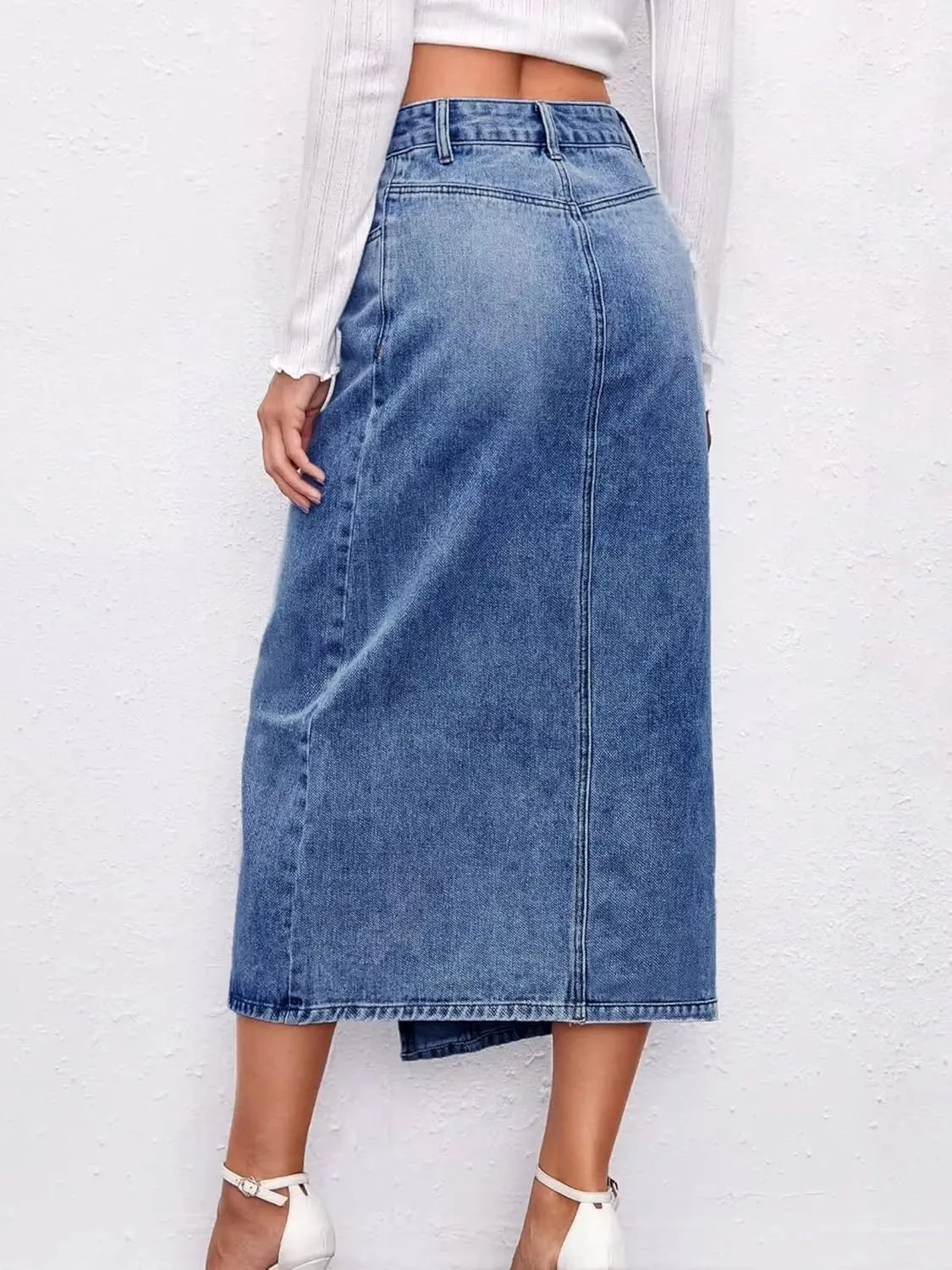 Womens High Waisted Long Denim Skirt Stretchy Bodycon Denim Skirts Trendy Patchwork Back Slit Jean Pencil Skirt